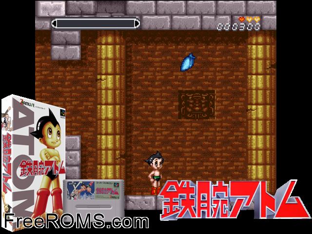 Tetsuwan Atom SNES game showing 3D box cover and gameplay screenshot
