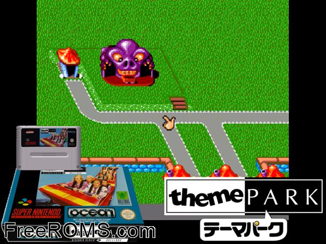 Theme Park SNES game showing 3D box cover and gameplay screenshot