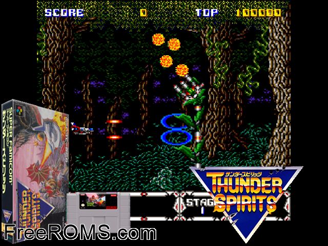 Thunder Spirits SNES game showing 3D box cover and gameplay screenshot