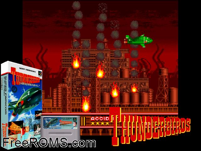 Thunderbirds - Kokusai Kyuujotai Juudou Seyo! SNES game showing 3D box cover and gameplay screenshot