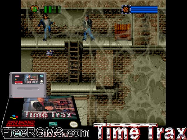 Time Trax SNES game showing 3D box cover and gameplay screenshot