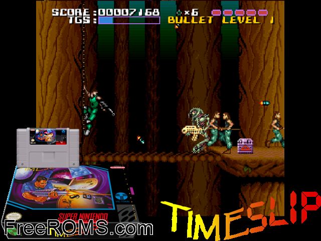 TimeSlip SNES game showing 3D box cover and gameplay screenshot