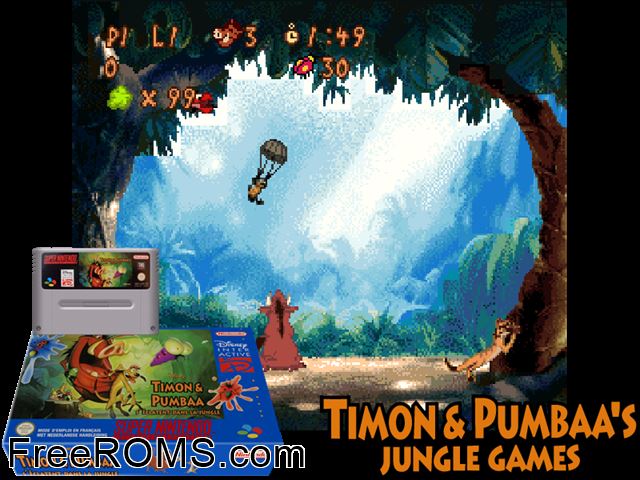 Timon And Pumbaa's Jungle Games SNES game showing 3D box cover and gameplay screenshot