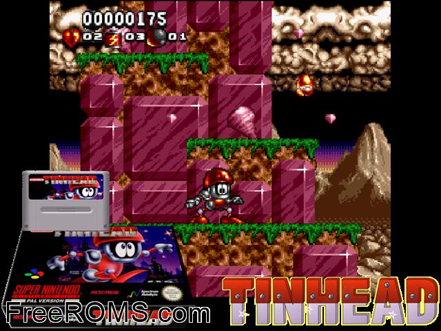 Tinhead SNES game showing 3D box cover and gameplay screenshot