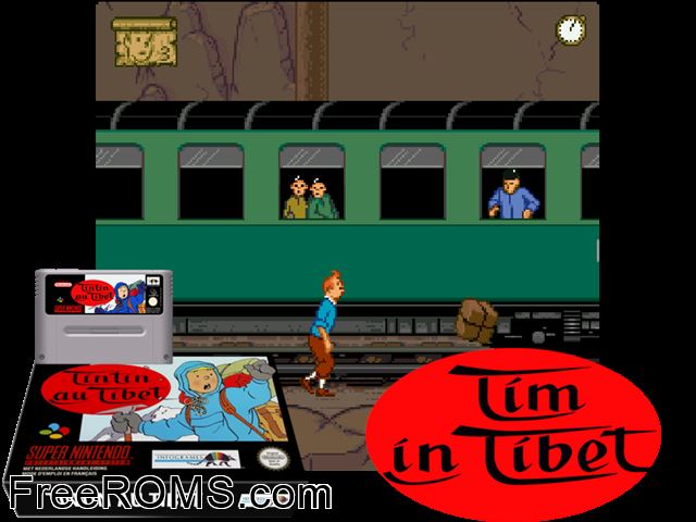 Tintin in Tibet SNES game showing 3D box cover and gameplay screenshot