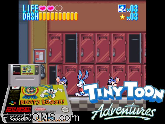 Tiny Toon Adventures - Buster Busts Loose! SNES game showing 3D box cover and gameplay screenshot