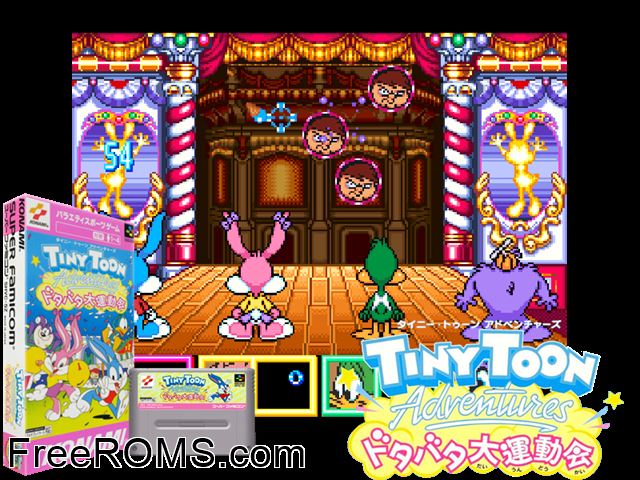 Tiny Toon Adventures - Wacky Sports Challenge SNES game showing 3D box cover and gameplay screenshot