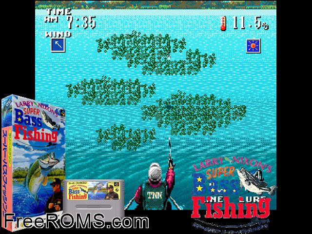TNN Bass Tournament of Champions SNES game showing 3D box cover and gameplay screenshot