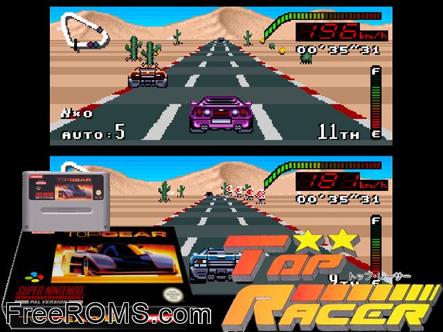 Top Gear SNES game showing 3D box cover and gameplay screenshot