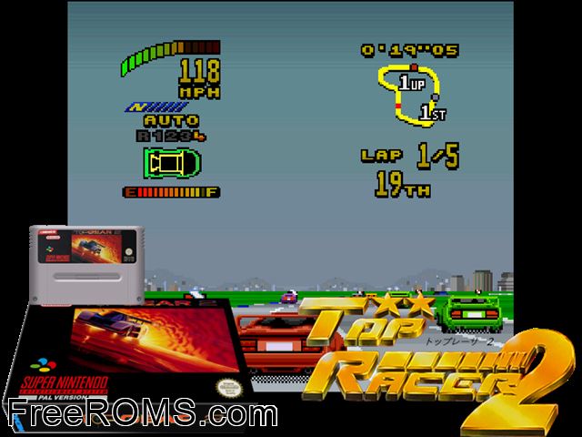 Top Gear 2 SNES game showing 3D box cover and gameplay screenshot