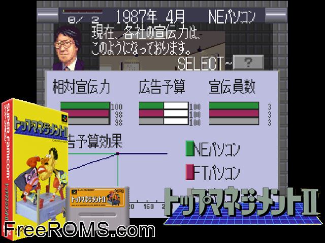 Top Management II SNES game showing 3D box cover and gameplay screenshot