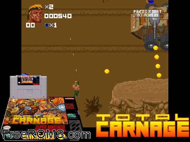 Total Carnage SNES game showing 3D box cover and gameplay screenshot