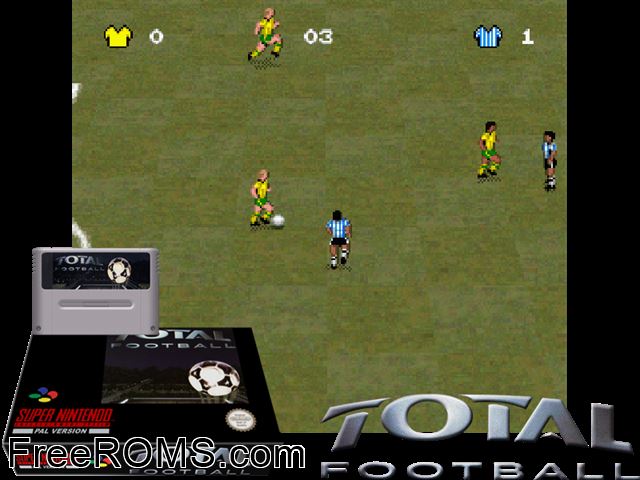 Total Football SNES game showing 3D box cover and gameplay screenshot