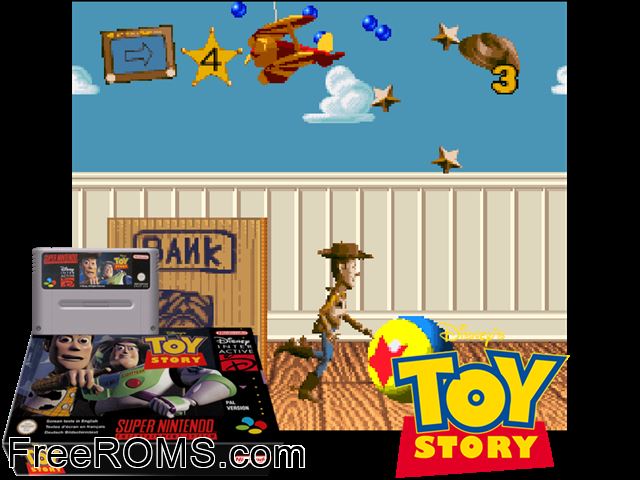 Toy Story SNES game showing 3D box cover and gameplay screenshot