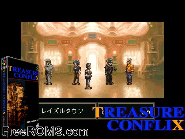 Treasure Conflix SNES game showing 3D box cover and gameplay screenshot