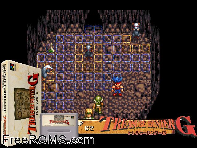 Treasure Hunter G SNES game showing 3D box cover and gameplay screenshot