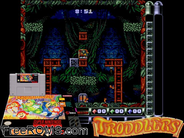 Troddlers SNES game showing 3D box cover and gameplay screenshot