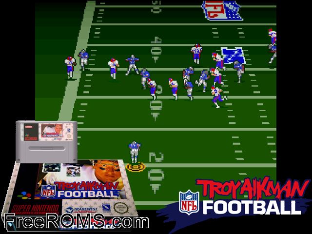 Troy Aikman NFL Football SNES game showing 3D box cover and gameplay screenshot