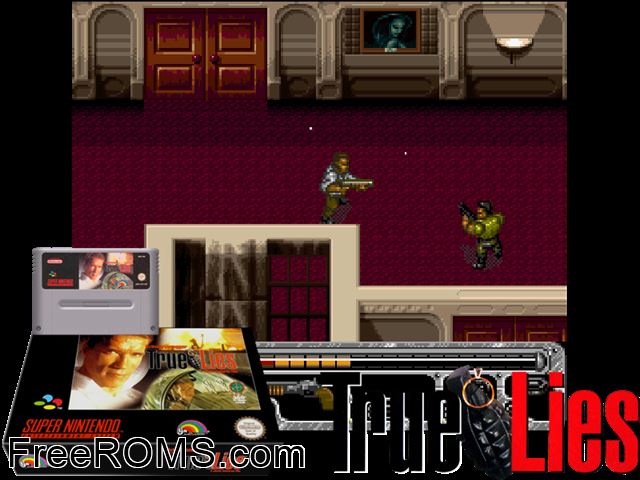 True Lies SNES game showing 3D box cover and gameplay screenshot