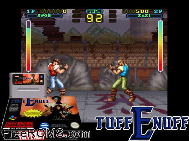 Tuff E Nuff SNES game showing 3D box cover and gameplay screenshot
