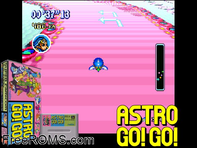Uchuu Race - Astro Go! Go! SNES game showing 3D box cover and gameplay screenshot