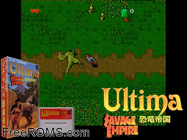 Ultima - Kyouryuu Teikoku SNES game showing 3D box cover and gameplay screenshot