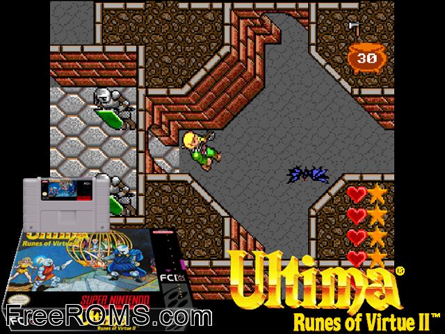 Ultima - Runes of Virtue II SNES game showing 3D box cover and gameplay screenshot