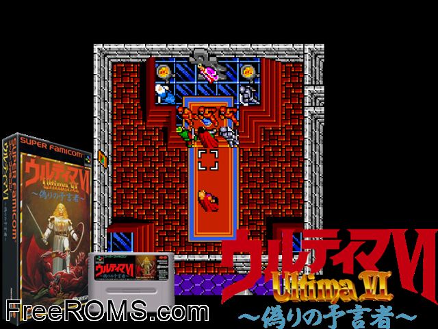 Ultima VI - The False Prophet SNES game showing 3D box cover and gameplay screenshot