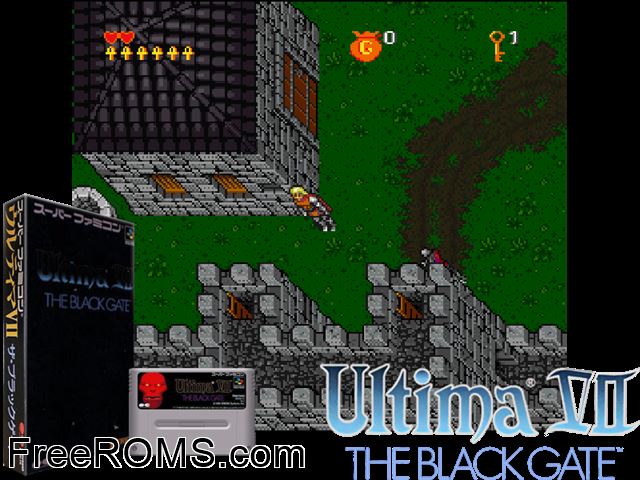 Ultima VII - The Black Gate SNES game showing 3D box cover and gameplay screenshot