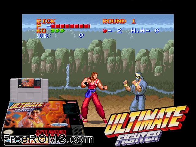 Ultimate Fighter SNES game showing 3D box cover and gameplay screenshot