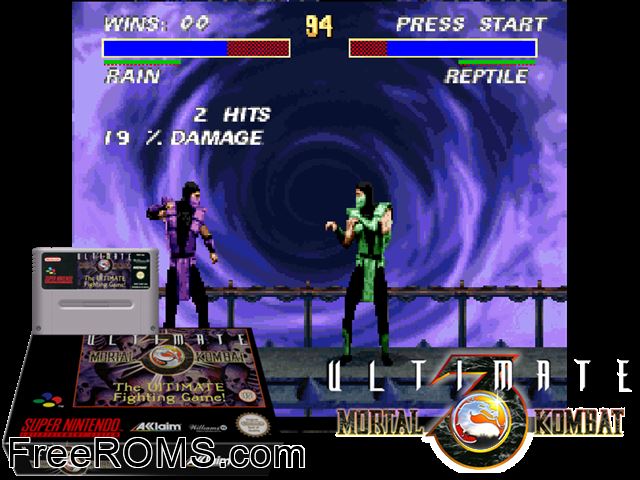 Ultimate Mortal Kombat 3 SNES game showing 3D box cover and gameplay screenshot