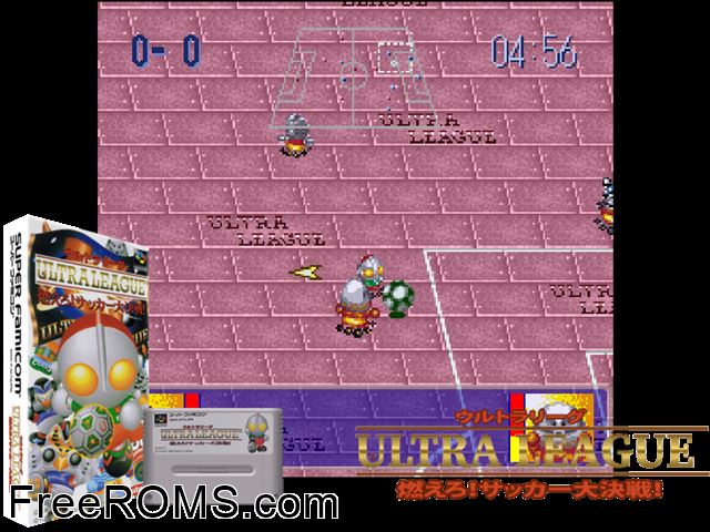 Ultra League - Moero Soccer Taisen SNES game showing 3D box cover and gameplay screenshot
