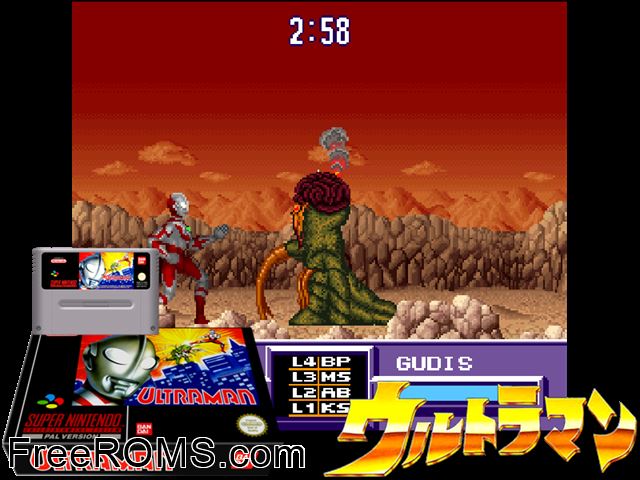 Ultraman - Towards the Future SNES game showing 3D box cover and gameplay screenshot
