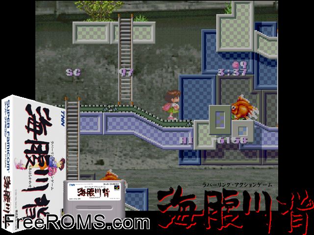 Umihara Kawase SNES game showing 3D box cover and gameplay screenshot
