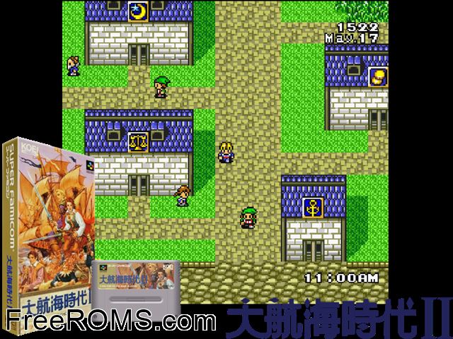 Uncharted Waters - New Horizons SNES game showing 3D box cover and gameplay screenshot