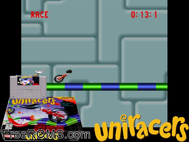 Uniracers SNES game showing 3D box cover and gameplay screenshot