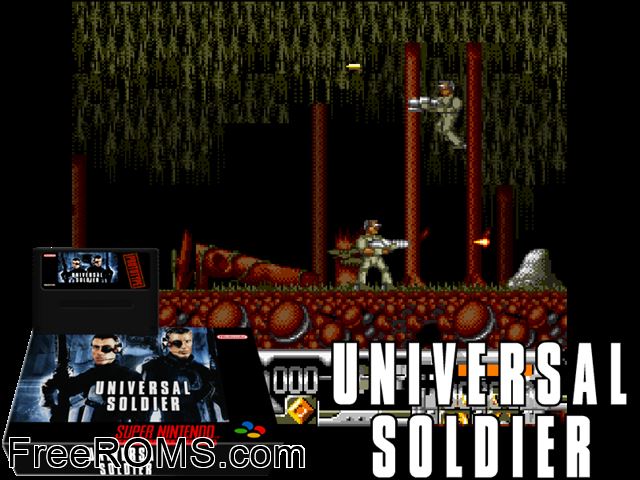 Universal Soldier SNES game showing 3D box cover and gameplay screenshot