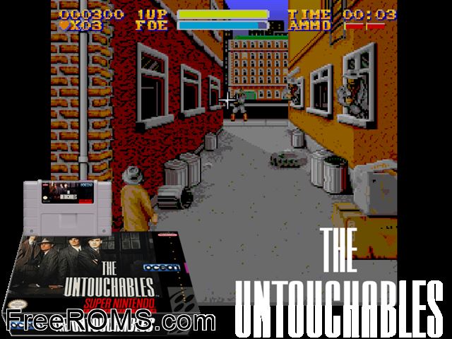 Untouchables, The SNES game showing 3D box cover and gameplay screenshot