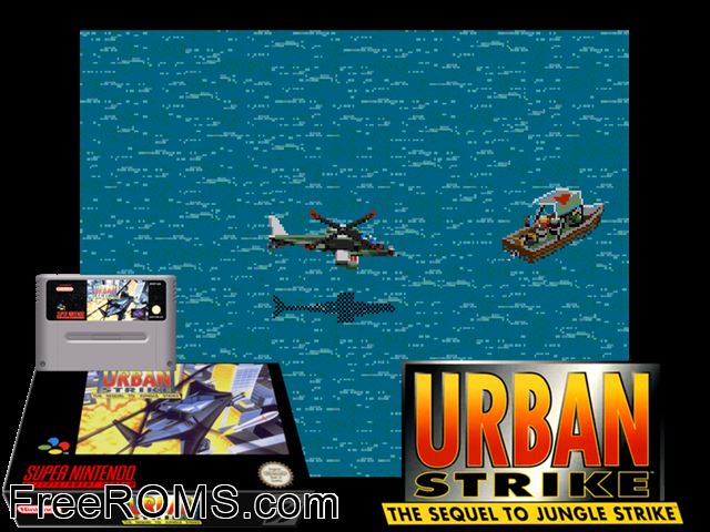 Urban Strike SNES game showing 3D box cover and gameplay screenshot