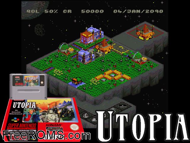 Utopia - The Creation of a Nation SNES game showing 3D box cover and gameplay screenshot
