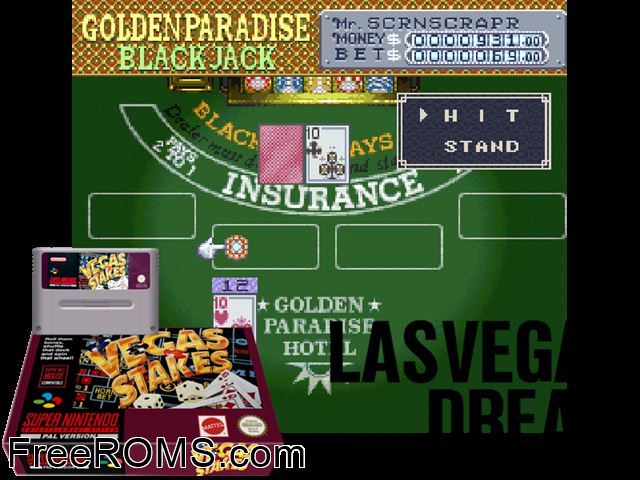 Vegas Stakes SNES game showing 3D box cover and gameplay screenshot