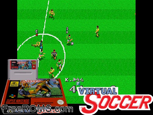Virtual Soccer SNES game showing 3D box cover and gameplay screenshot