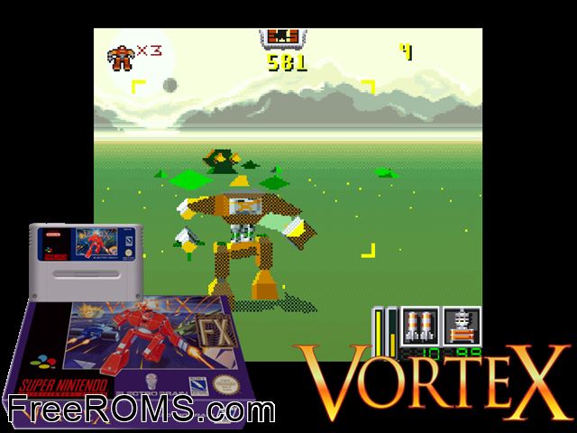 Vortex SNES game showing 3D box cover and gameplay screenshot