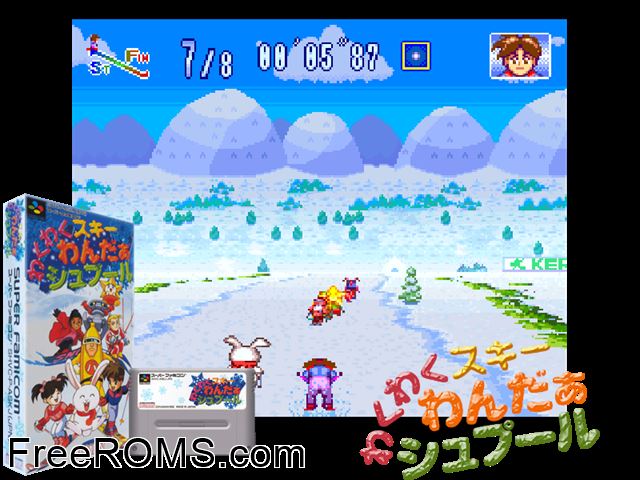 Wakuwaku Ski Wonder Shoot SNES game showing 3D box cover and gameplay screenshot