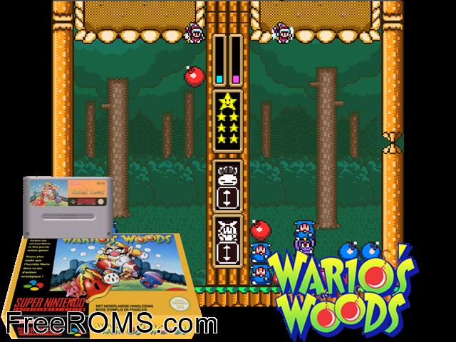 Wario's Woods SNES game showing 3D box cover and gameplay screenshot