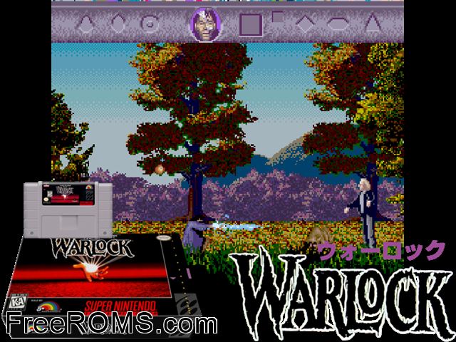 Warlock SNES game showing 3D box cover and gameplay screenshot