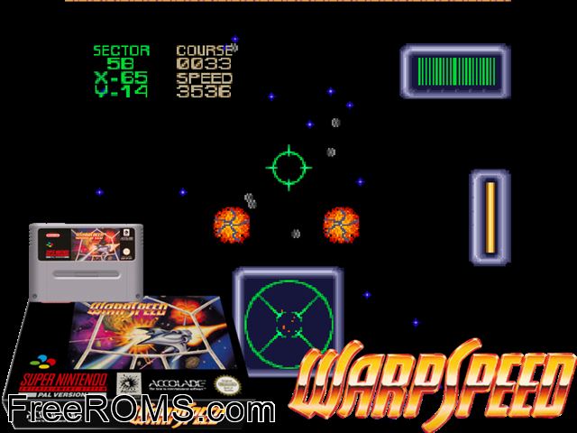 WarpSpeed SNES game showing 3D box cover and gameplay screenshot