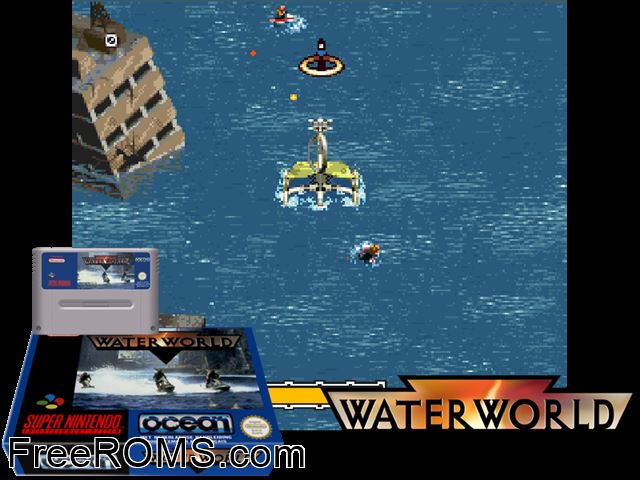 Waterworld SNES game showing 3D box cover and gameplay screenshot