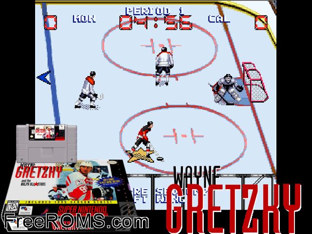 Wayne Gretzky and the NHLPA All-Stars SNES game showing 3D box cover and gameplay screenshot