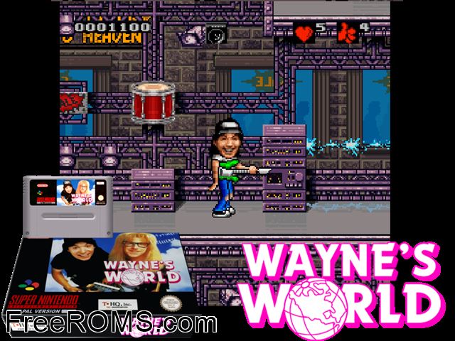 Wayne's World SNES game showing 3D box cover and gameplay screenshot